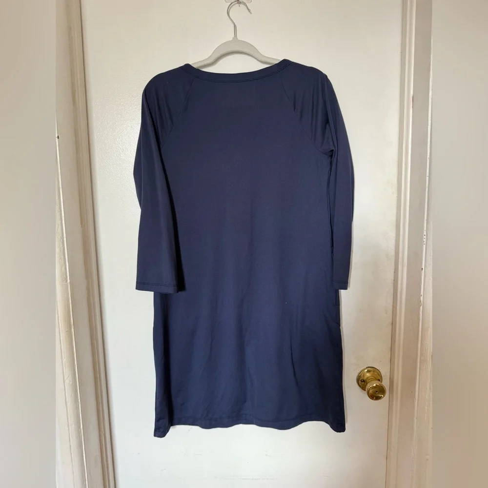 Navy Blue 3/4 Sleeve Dress with Button Accents - Picture 3 of 7